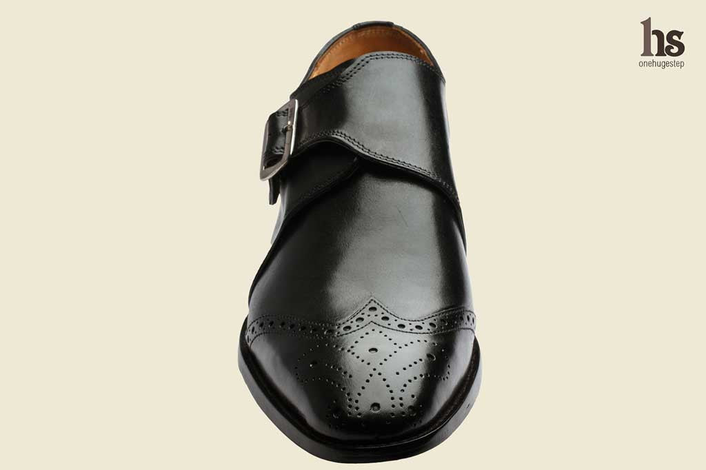 Wing Cap Single Strap Brogue Monk With Medallion- Black