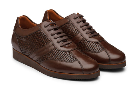 Woven Mat & Plain leather combo Casual Sneaker-DK BR