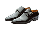 WING CAP SINGLE STRAP BROGUE MONK WITH MEDALLION- BRUSH OFF BLACK
