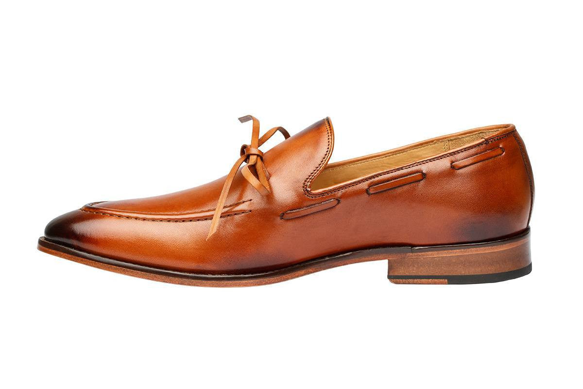 PENNY LOAFER WITH CORD STICH ON VAMP and ORNAMENTAL LACING – TAN