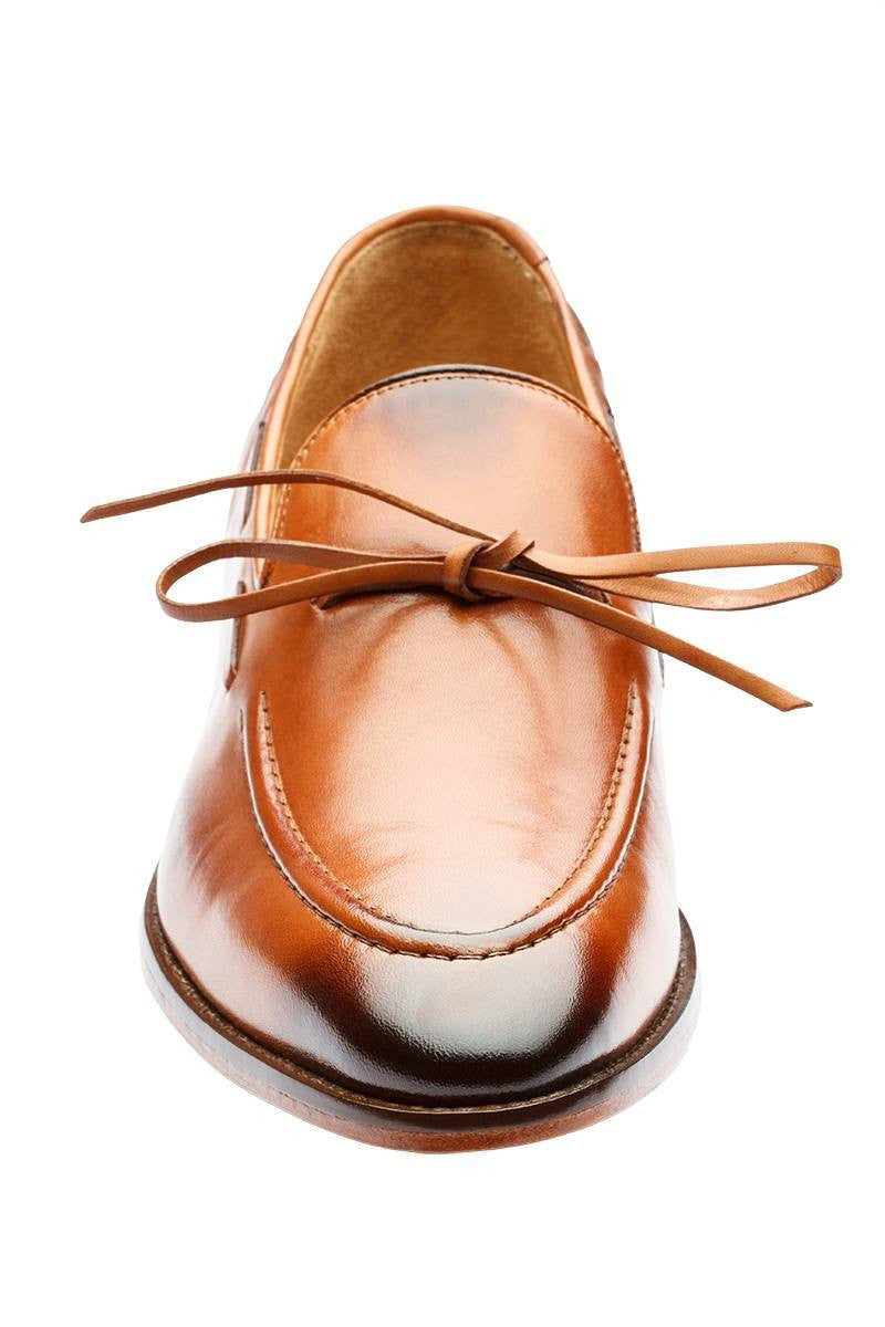 PENNY LOAFER WITH CORD STICH ON VAMP and ORNAMENTAL LACING – TAN