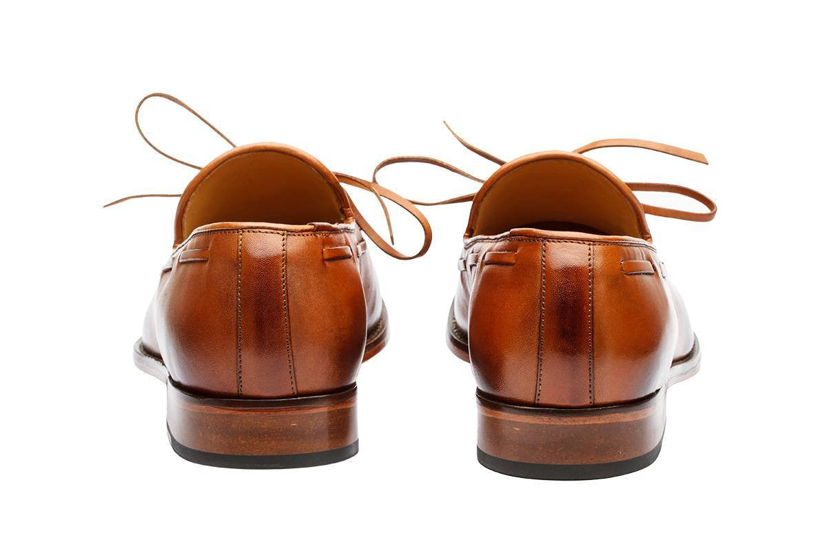 PENNY LOAFER WITH CORD STICH ON VAMP and ORNAMENTAL LACING – TAN