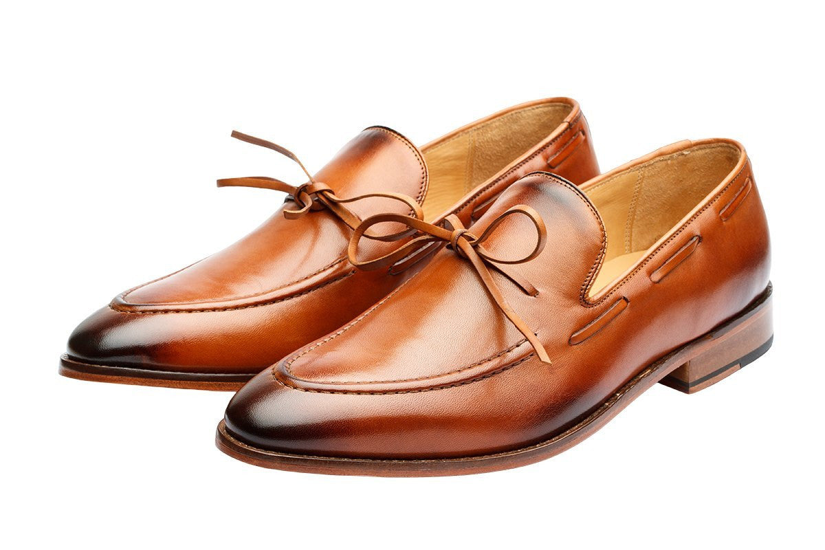 PENNY LOAFER WITH CORD STICH ON VAMP and ORNAMENTAL LACING – TAN