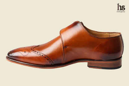 Wing Cap Single Strap Brogue Monk With Medallion- Tan