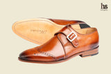Wing Cap Single Strap Brogue Monk With Medallion- Tan