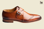 Wing Cap Single Strap Brogue Monk With Medallion- Tan